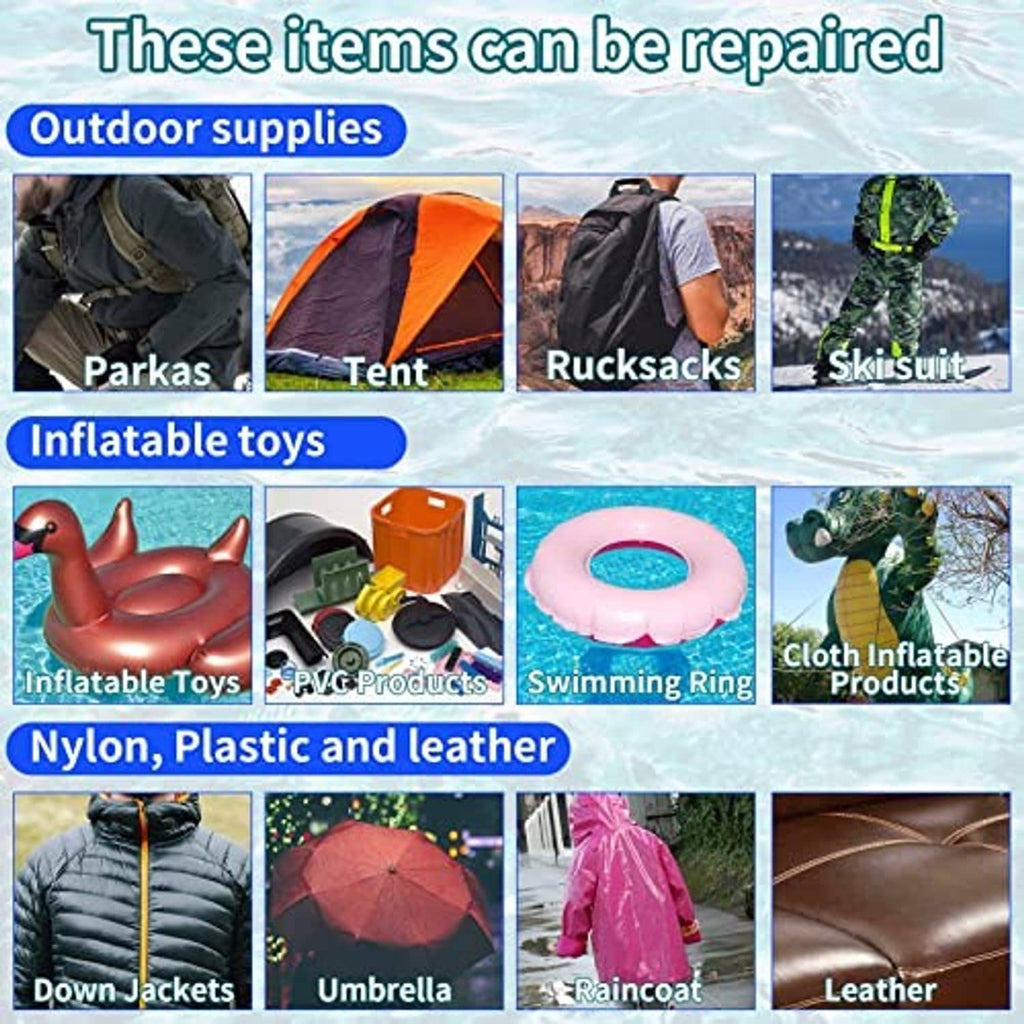 Repair tape compatibility graphic for outdoor and inflatable items