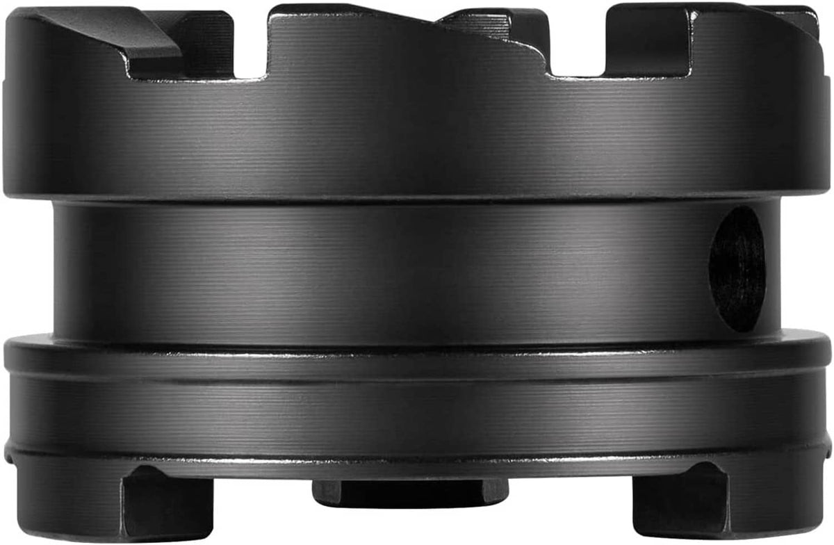 Close-up of black clutch dog gear, side view with outer splines and rim notches