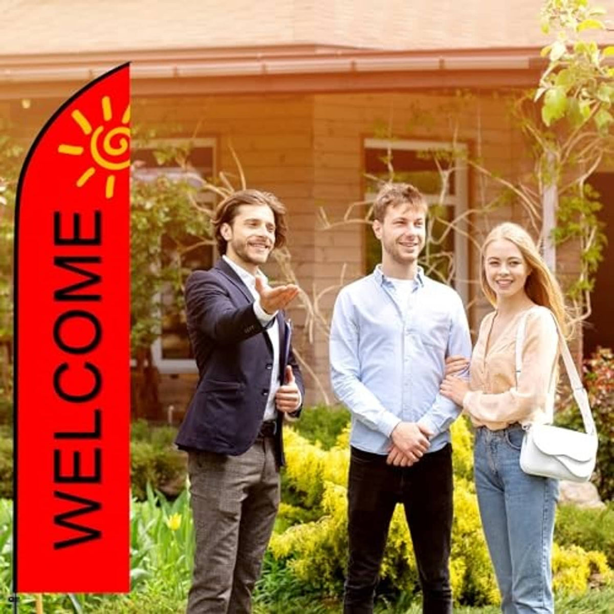 Feather flag with WELCOME ME vertical text on portable pole beside people
