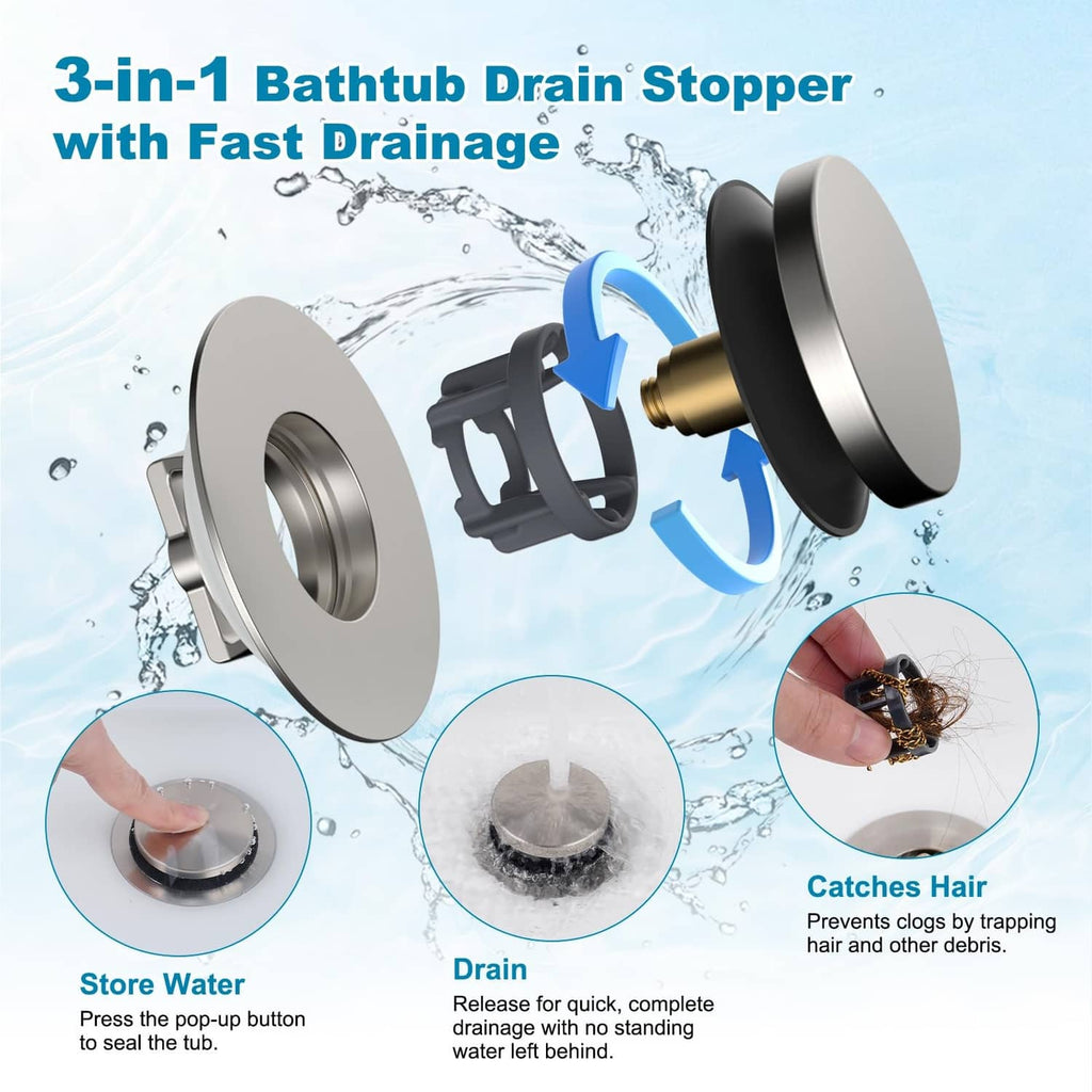 Brushed nickel pop-up bathtub drain stopper with push button and filter basket