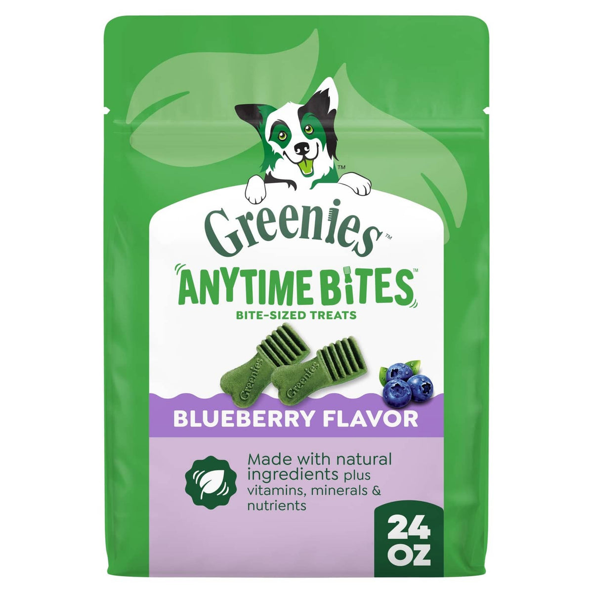 Greenies Anytime Bites blueberry flavor treat bag with bite-sized treats logo