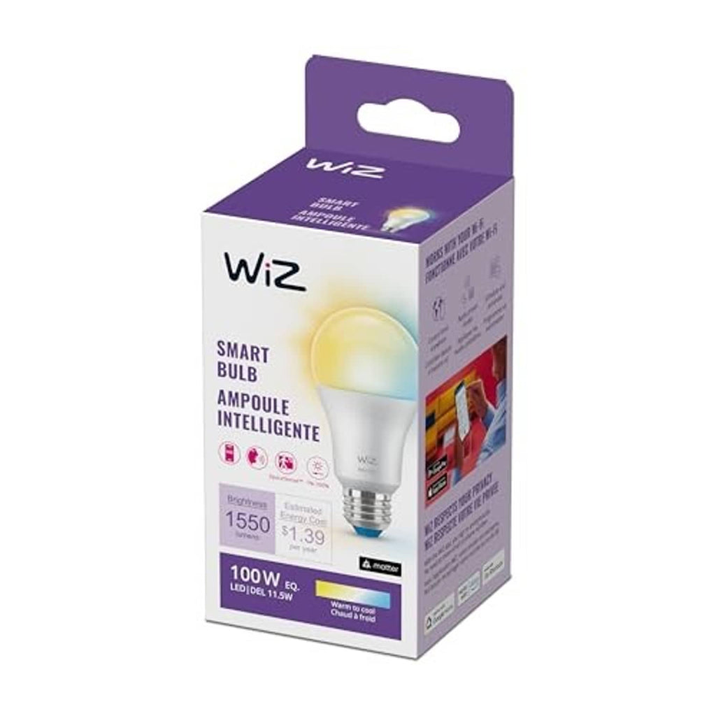 WiZ smart bulb A19 tunable white LED retail box with bulb image, single pack
