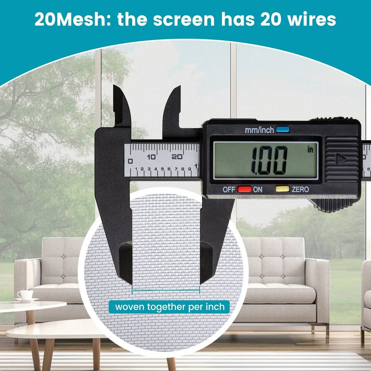 Silver stainless steel mesh screen roll with fine grid detail beside caliper