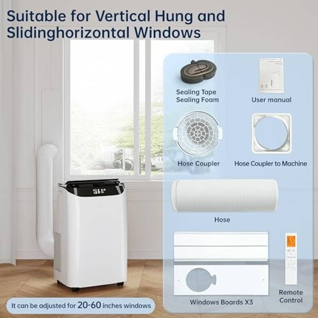 White portable AC with window kit parts: hose, coupler, sealing foam, manual