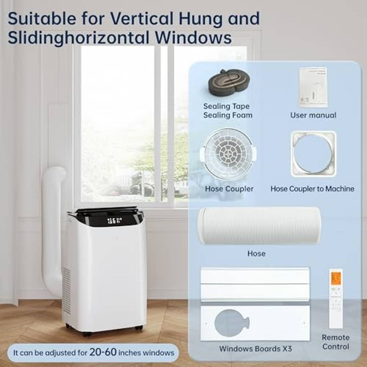 White portable AC with window kit parts: hose, coupler, sealing foam, manual
