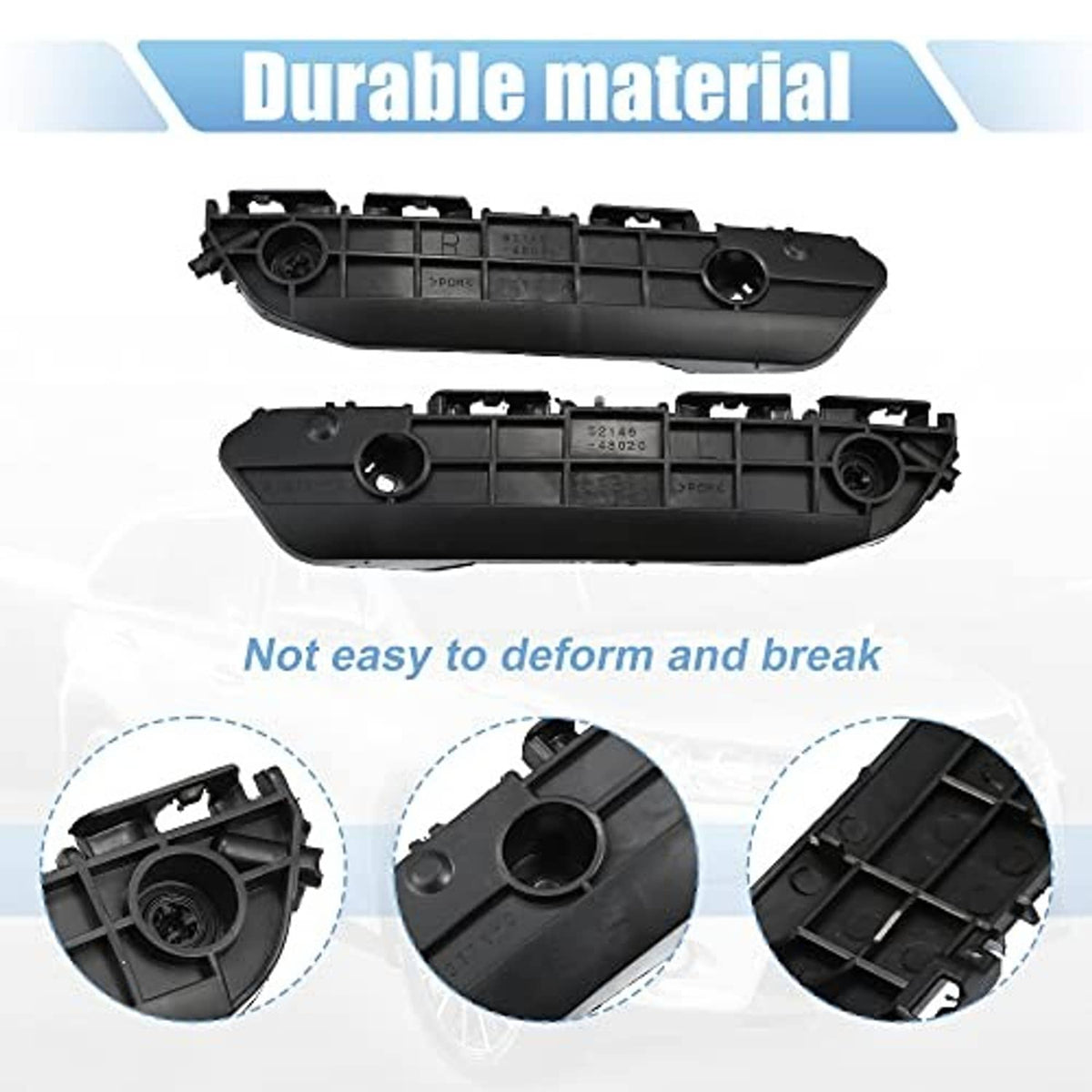 Black front bumper mounting support brackets with circular mounts and reinforced panels