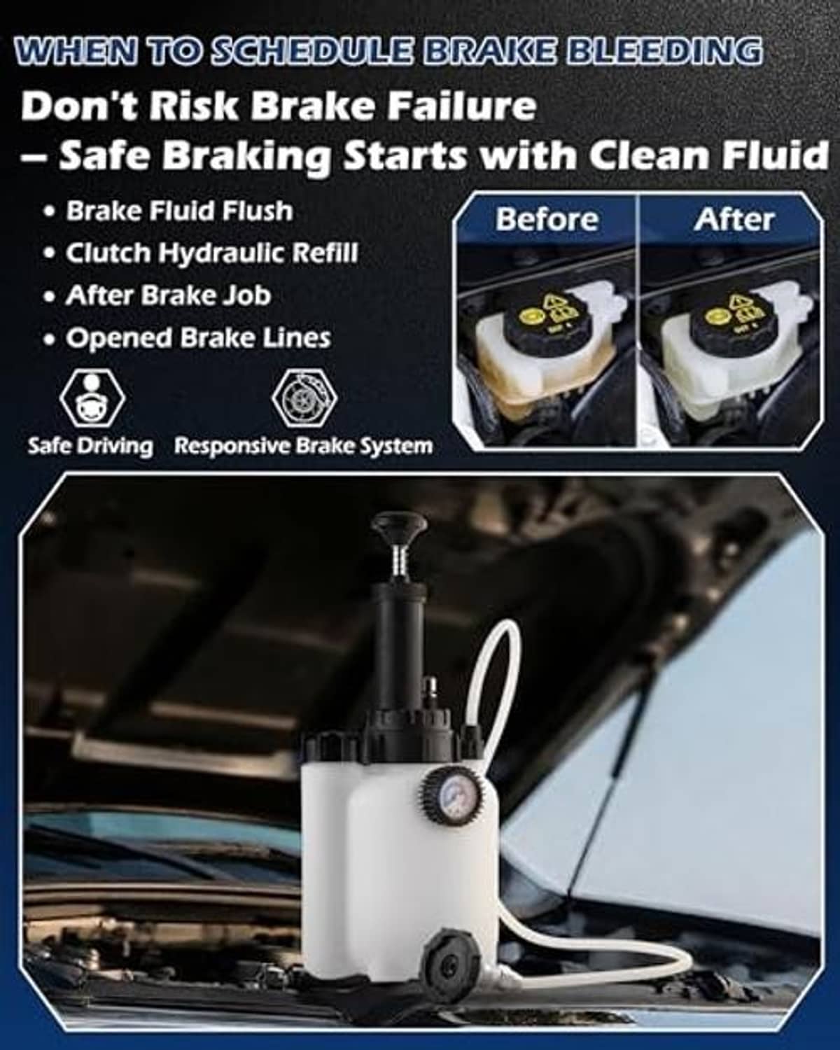 Brake fluid bleeder pump kit on vehicle engine bay with white catch bottle and hose