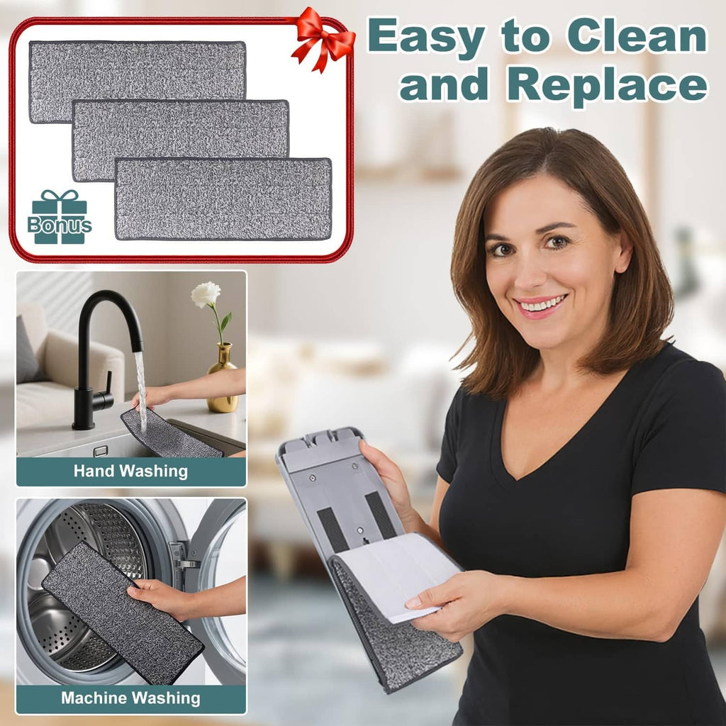 Three gray microfiber mop pads for easy washing and replacement