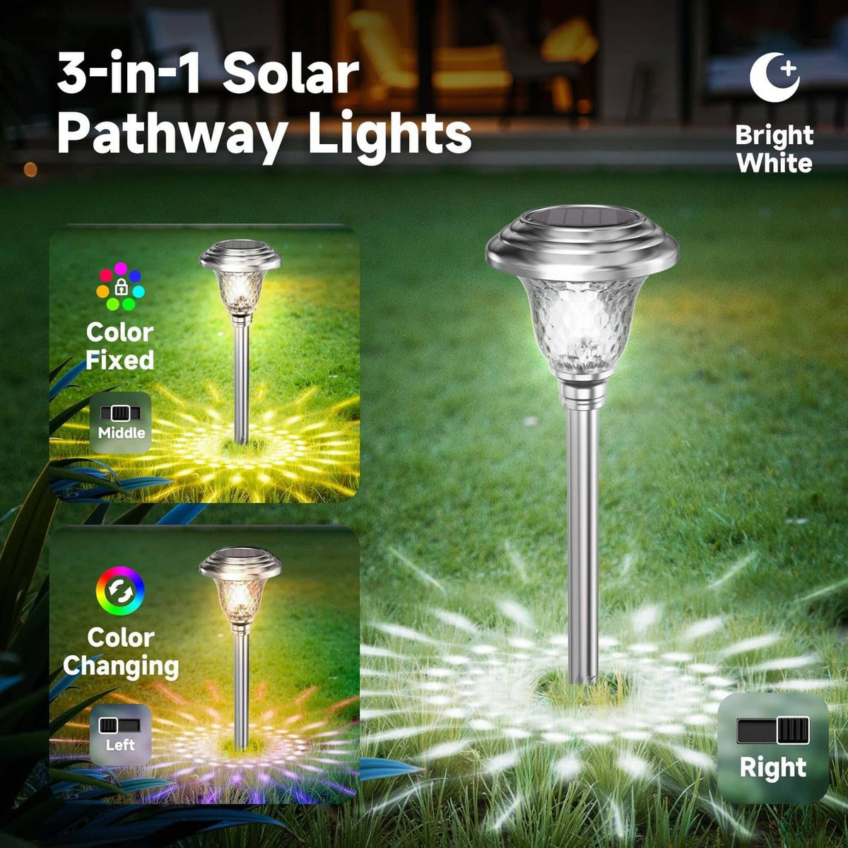 Stainless-steel solar pathway lamp with frosted glass shade and ground stake, bright glow.