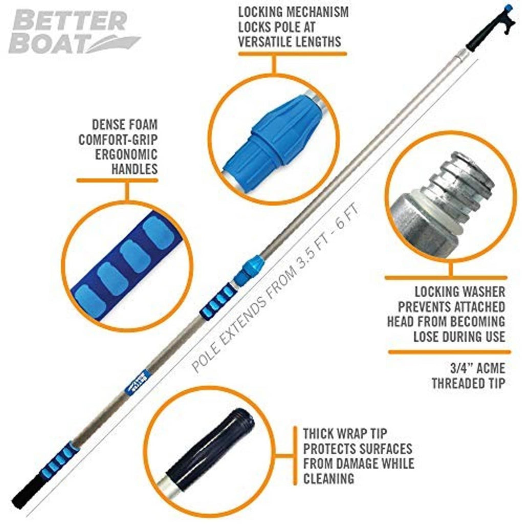 Telescoping locking boat hook pole with blue grip, threaded screw end, locking washer