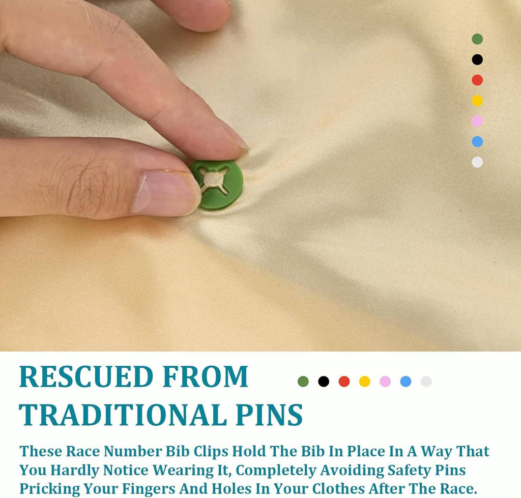 Hand pressing a green running bib clip onto fabric, plastic star-head fastener