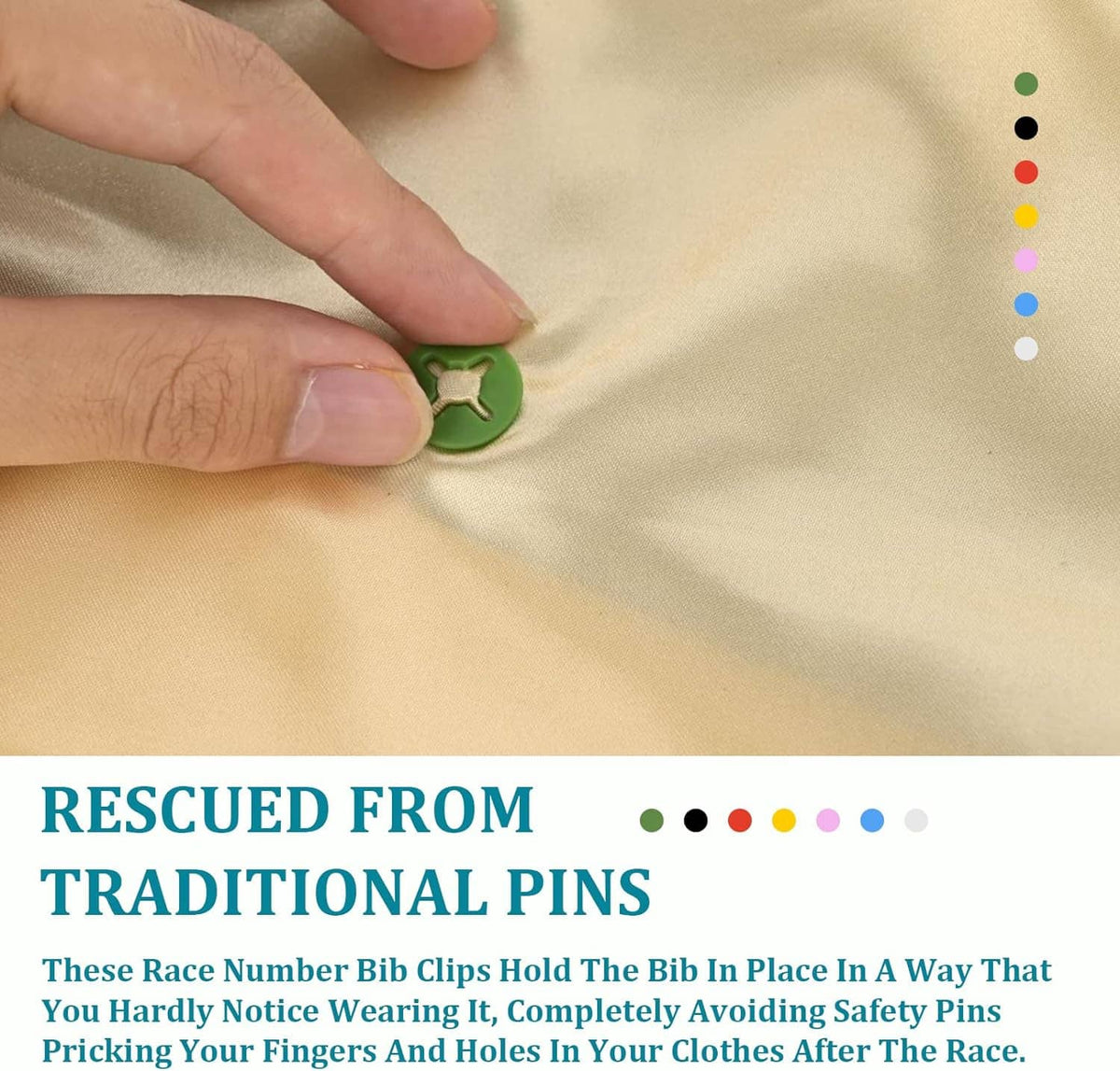 Hand pressing a green running bib clip onto fabric, plastic star-head fastener