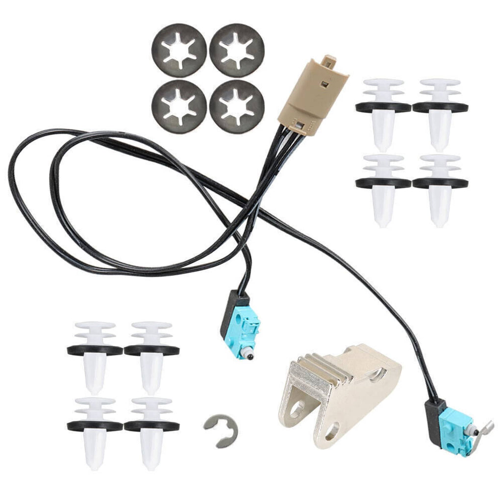 Door handle rebuild kit components: wiring, blue connectors, screws, and white push pins