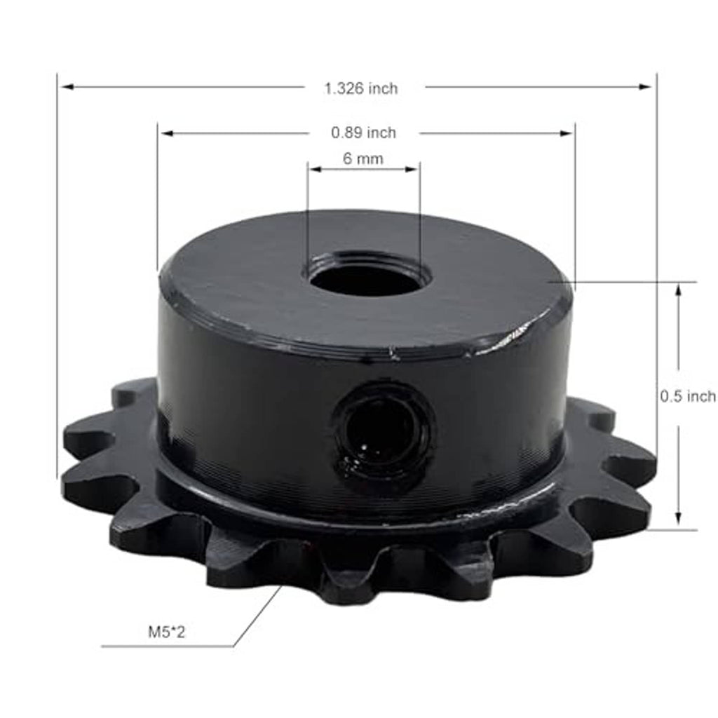 Black roller chain sprocket with 6mm bore, toothed hub, M5*2 mounting thread shown