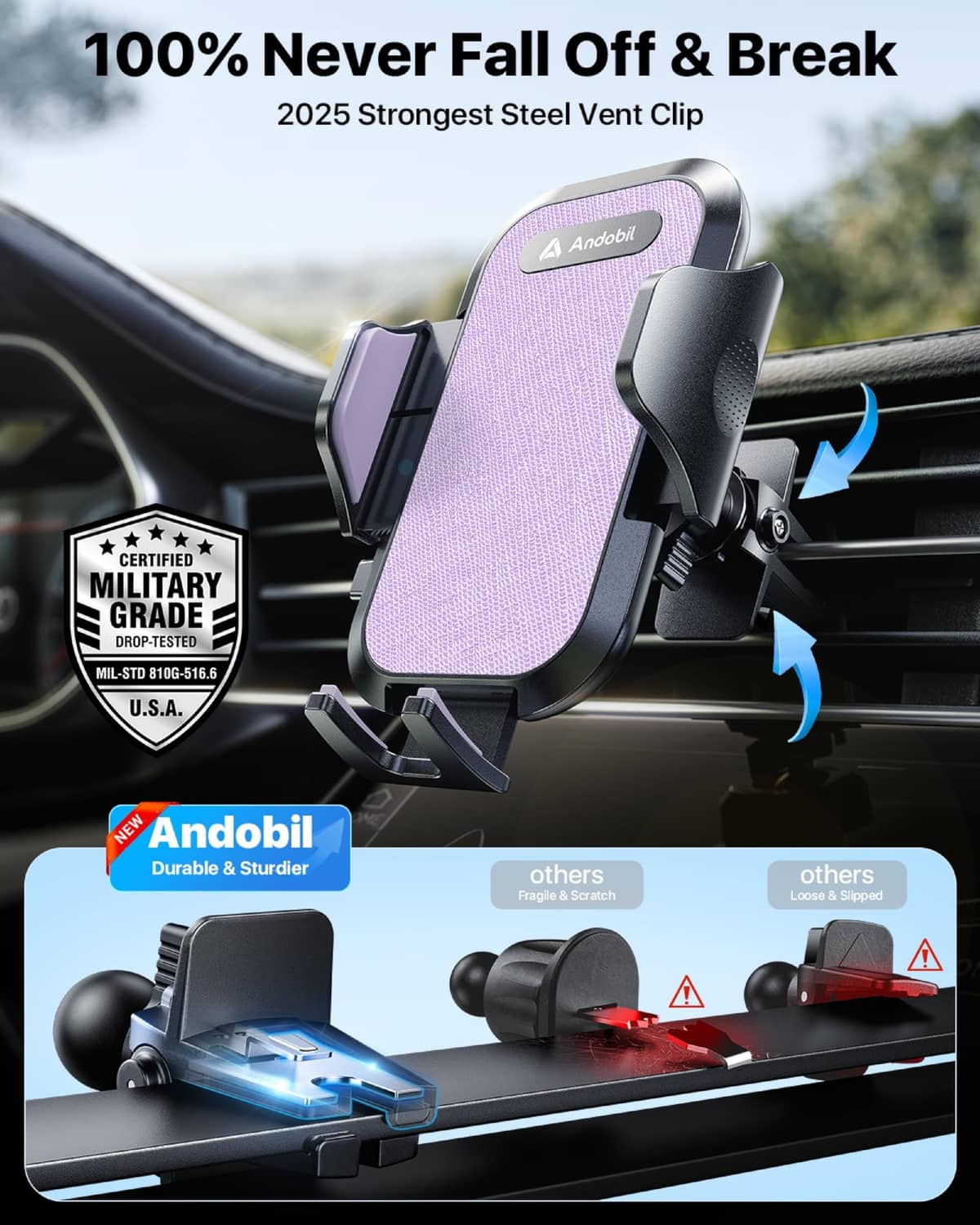 Purple car phone holder with vent clip grip and secure anti-fall design