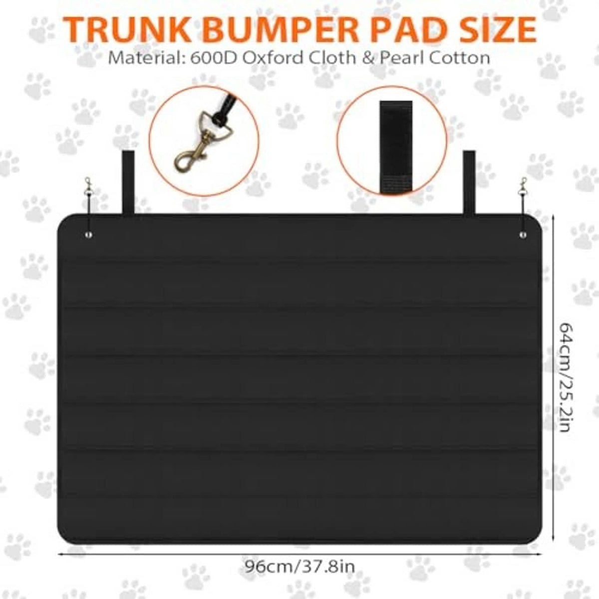 Black foldable trunk bumper pad with metal hooks and stitched panel sections