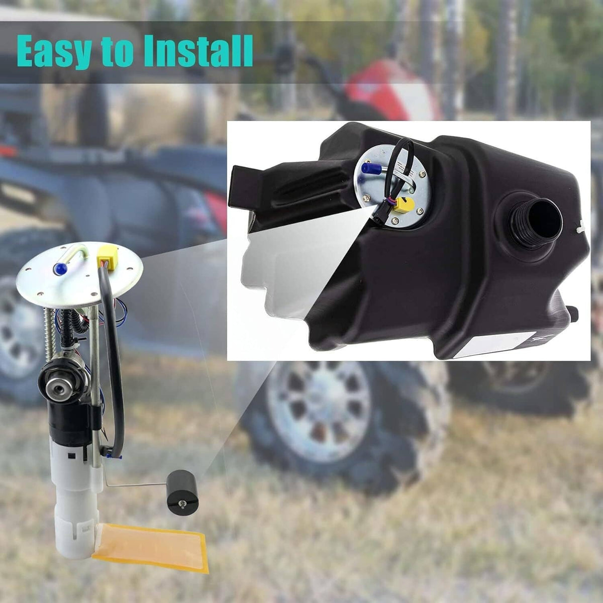 Fuel pump assembly showing top plate, sensor wires, and black fuel outlet cap
