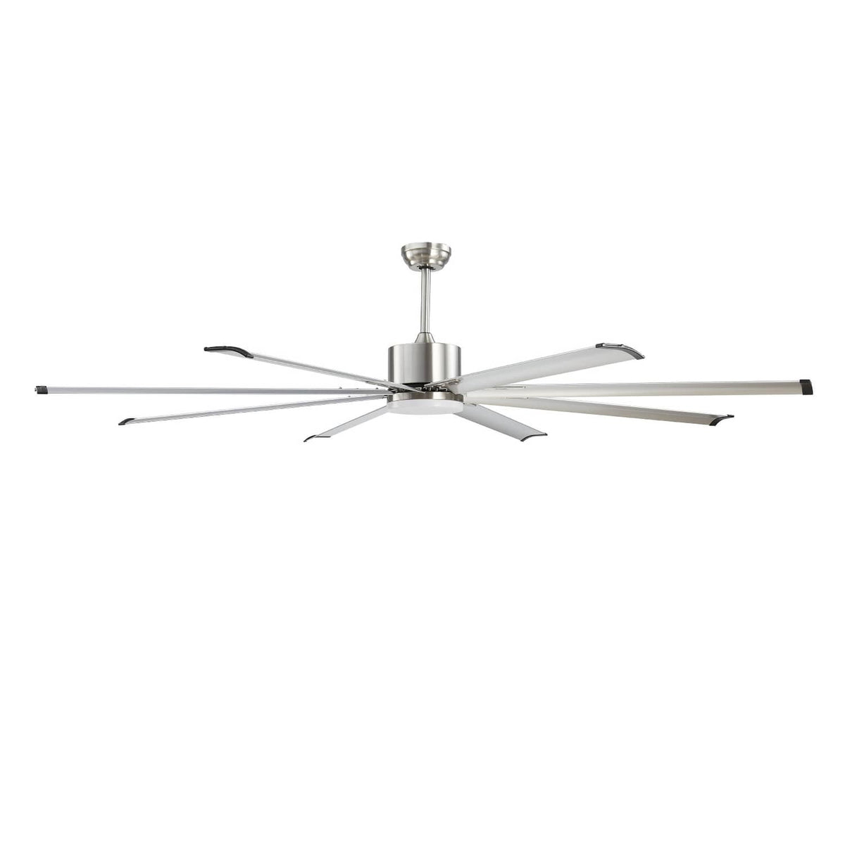 Ceiling fan with brushed nickel motor housing, integrated light, and white 8-blade set