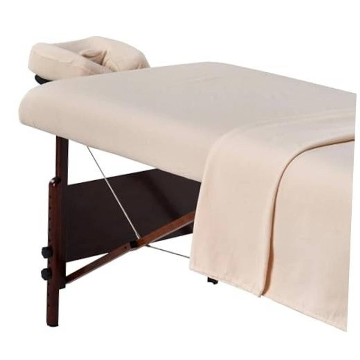 Massage table cover sheet set, light beige cotton flannel with draped edge.