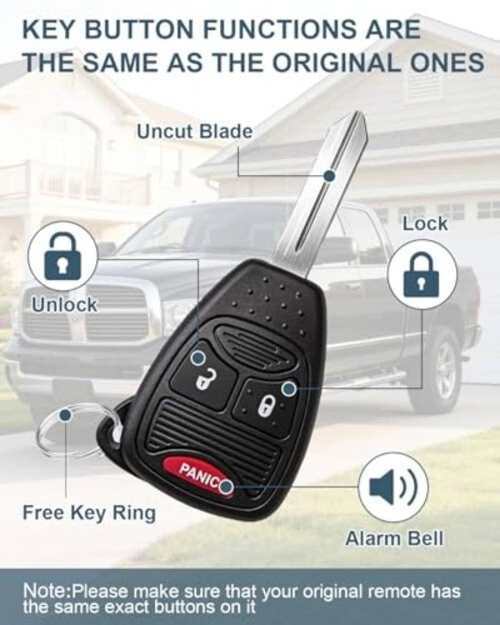 Black remote key fob with metal blade showing lock/unlock and Panic red button