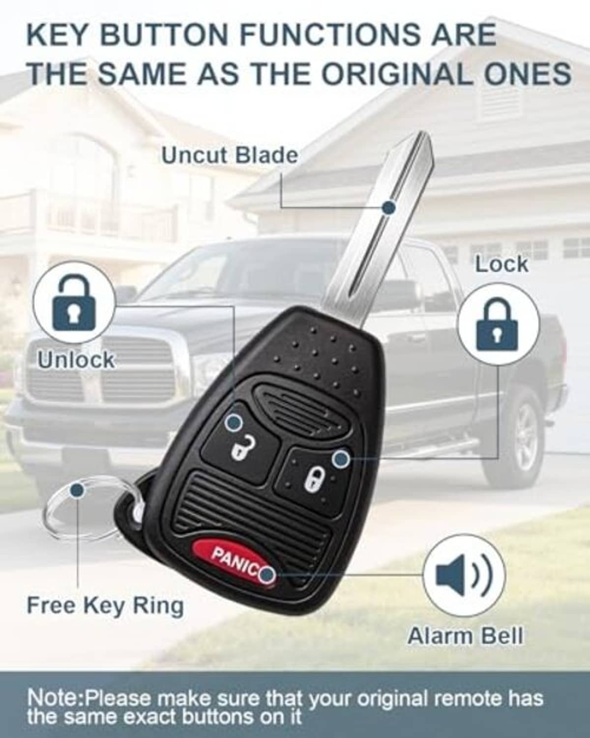 Black remote key fob with metal blade showing lock/unlock and Panic red button