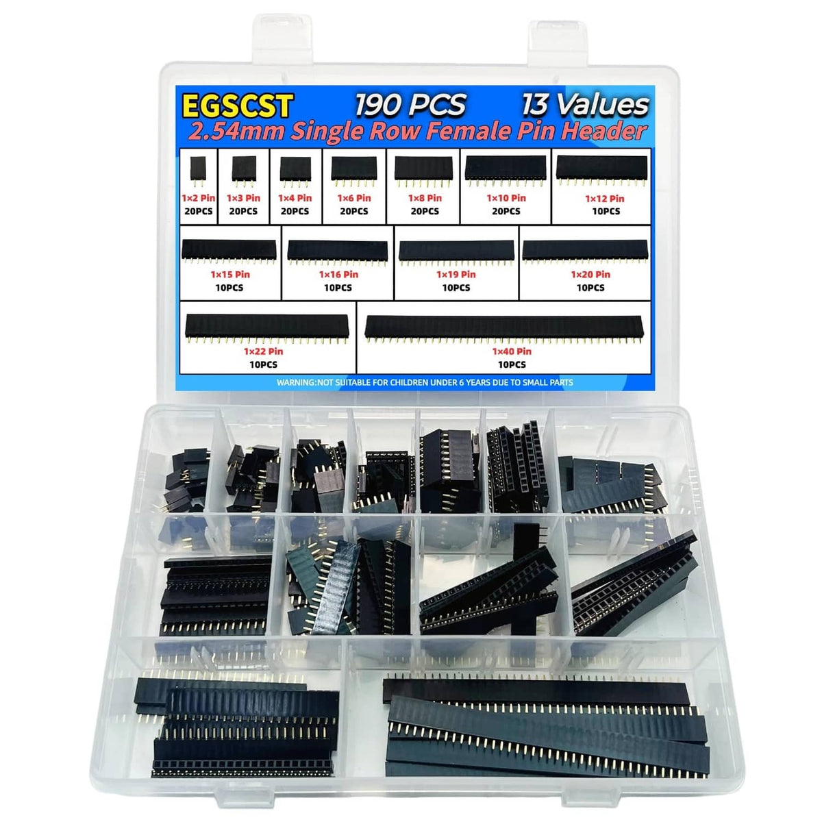 EGSCST 190-piece 2.54mm female pin header set in clear plastic organizer tray