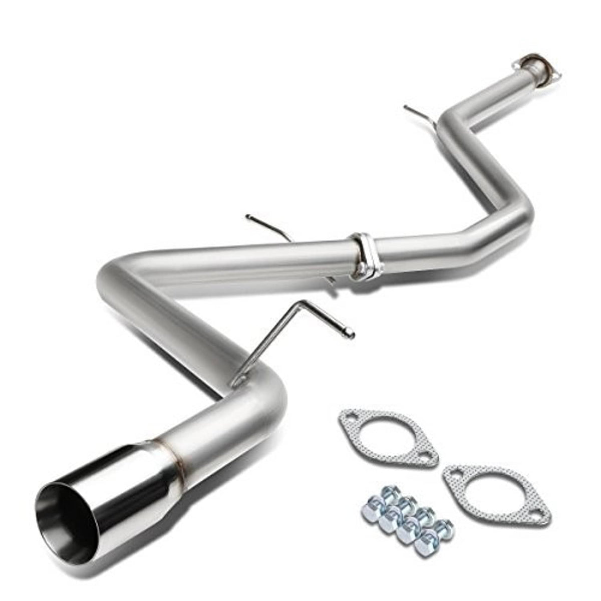 Stainless cat-back exhaust with muffler, curved mid-pipe, and black tip outlet; includes gaskets and bolts