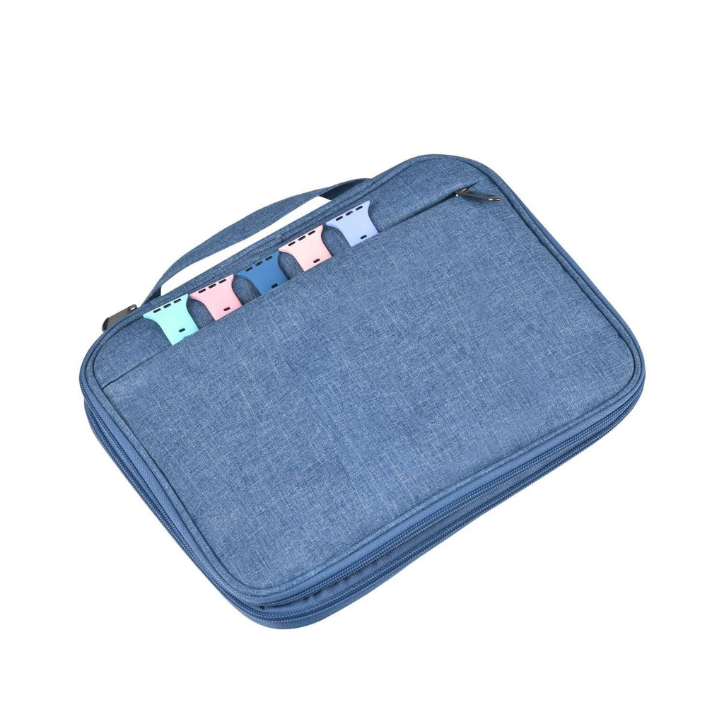 Blue watch band storage case organizer bag with internal elastic band slots, zip top