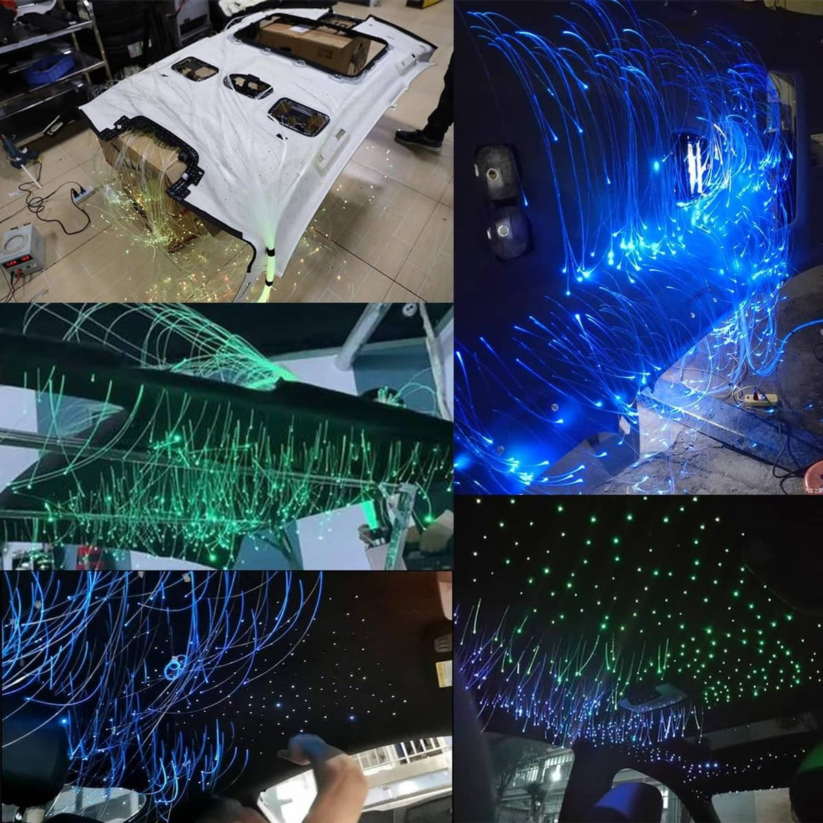 Transparent fiber optic light strands with blue glow, thin flexible bundle tips