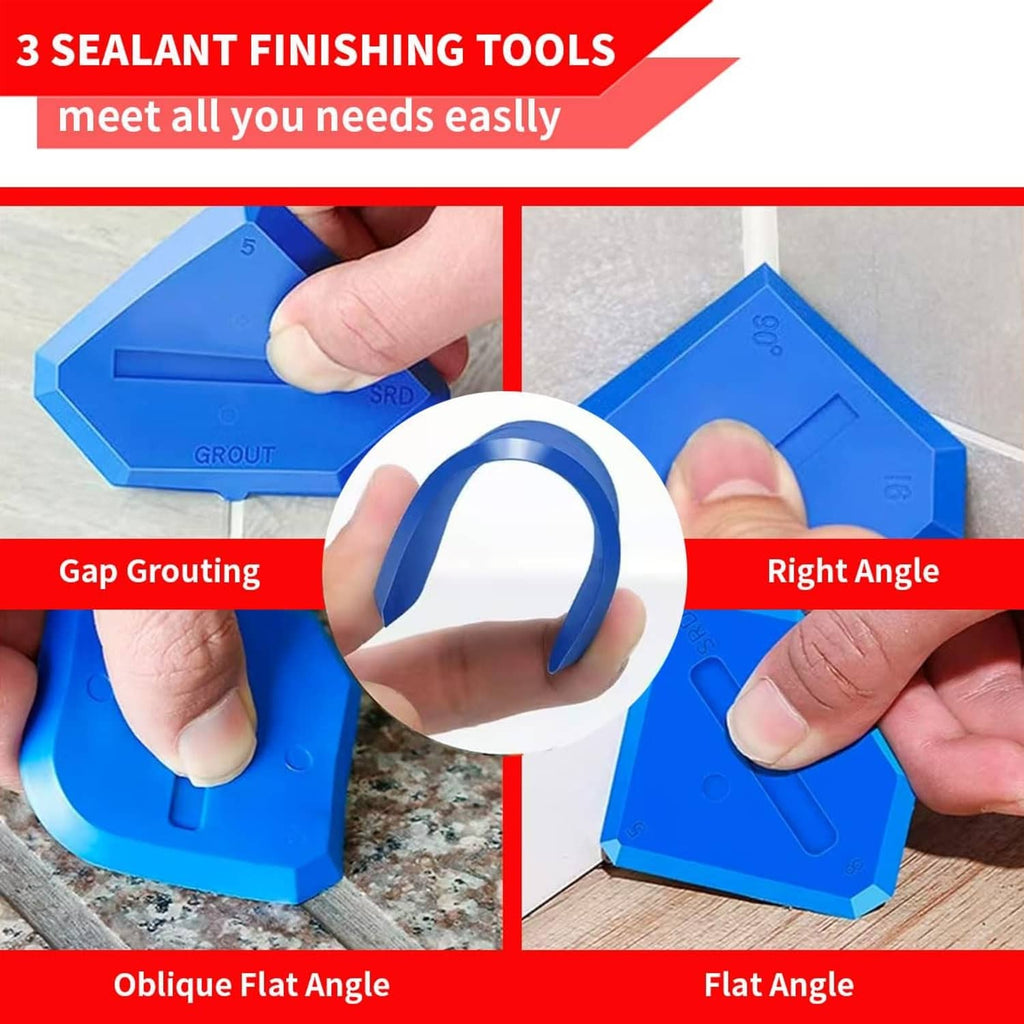 Blue sealant finishing tool set with flat and right-angle grout tips