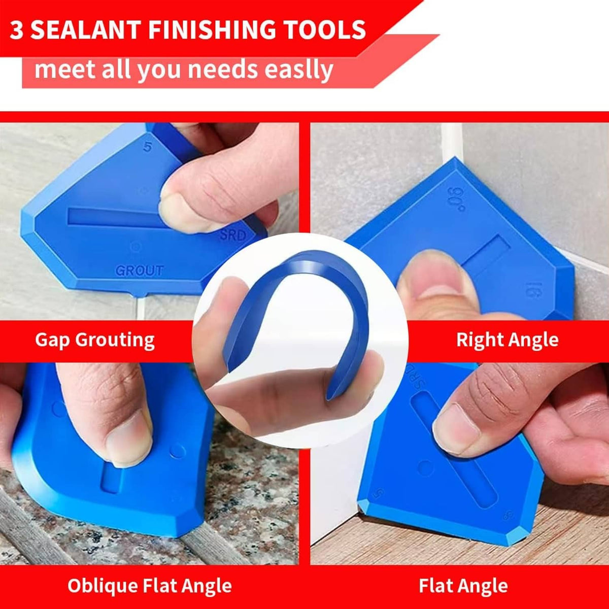 Blue sealant finishing tool set with flat and right-angle grout tips