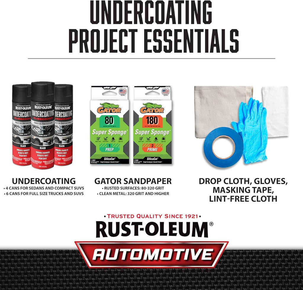 Rust-Oleum automotive undercoating essentials: spray cans, sandpaper, tape, gloves.