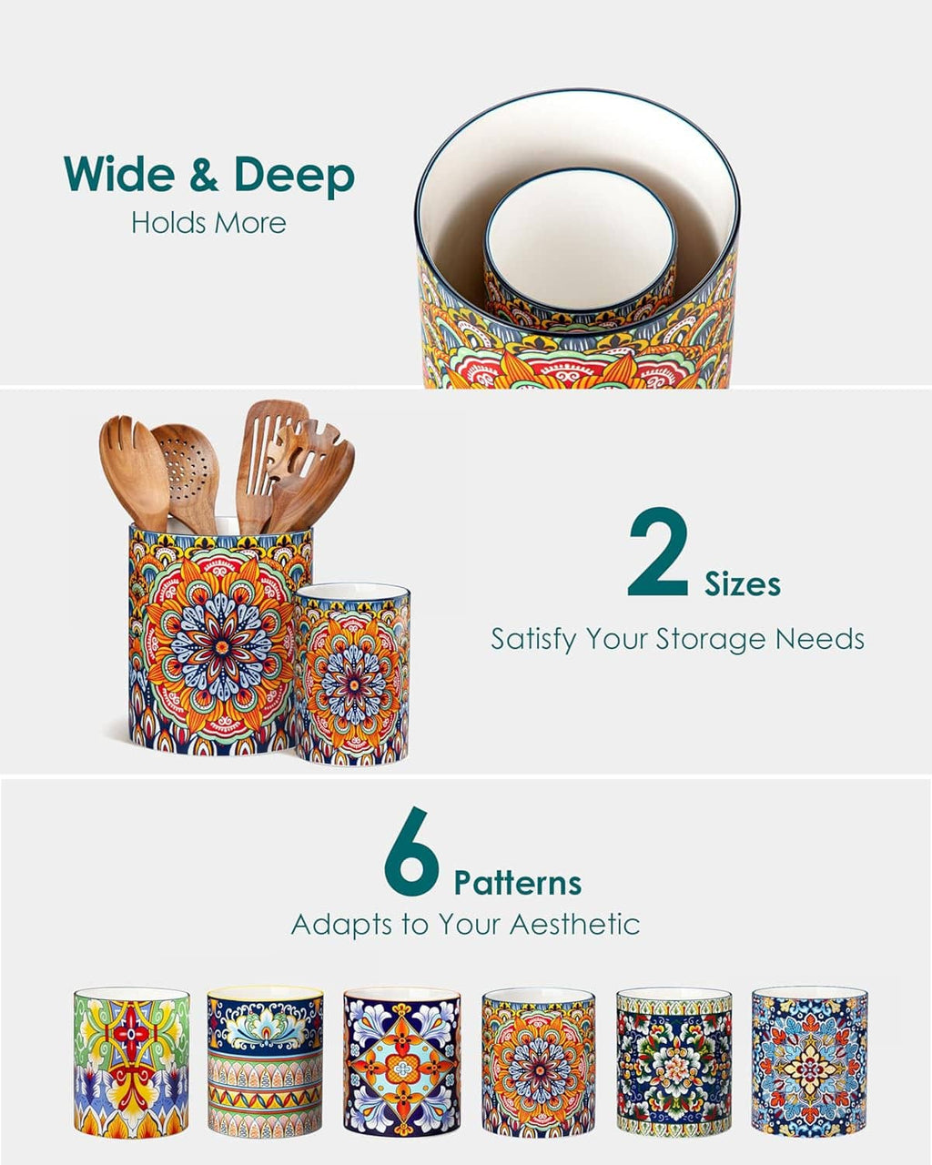 Two sizes of floral patterned ceramic utensil holders with blue rims for countertop storage