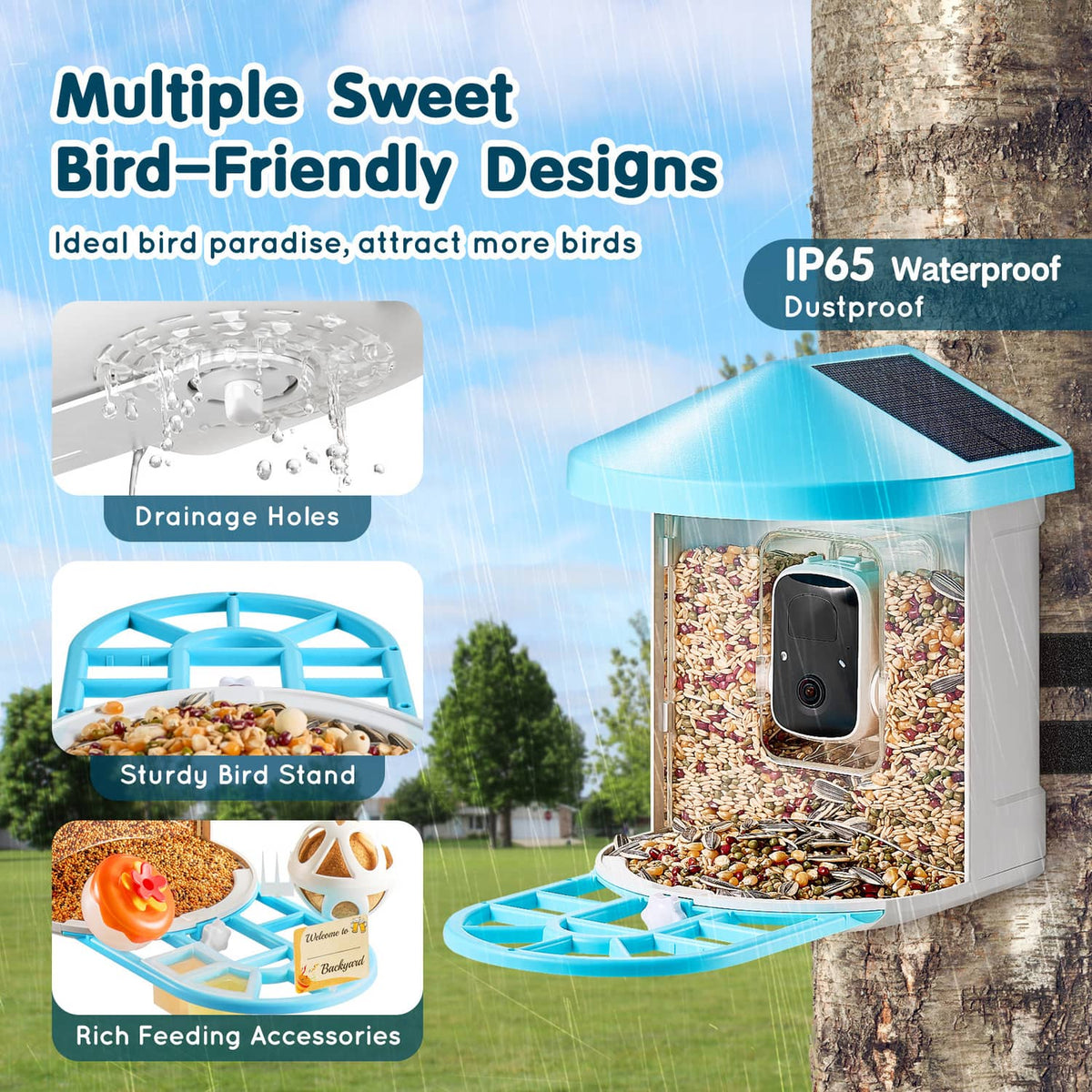 Smart bird feeder with blue roof, drainage stand, and accessory feeding tray