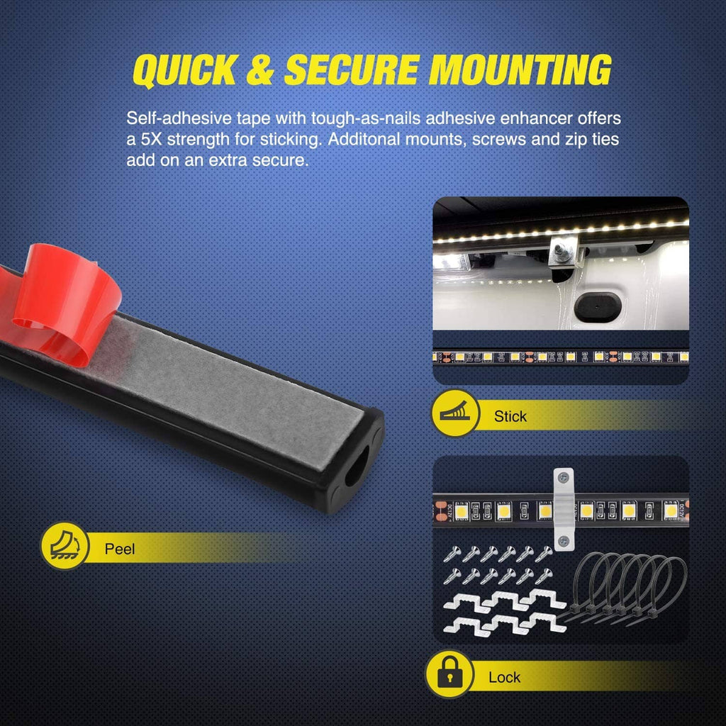 LED strip with self-adhesive tape for quick mounting and locking installation.