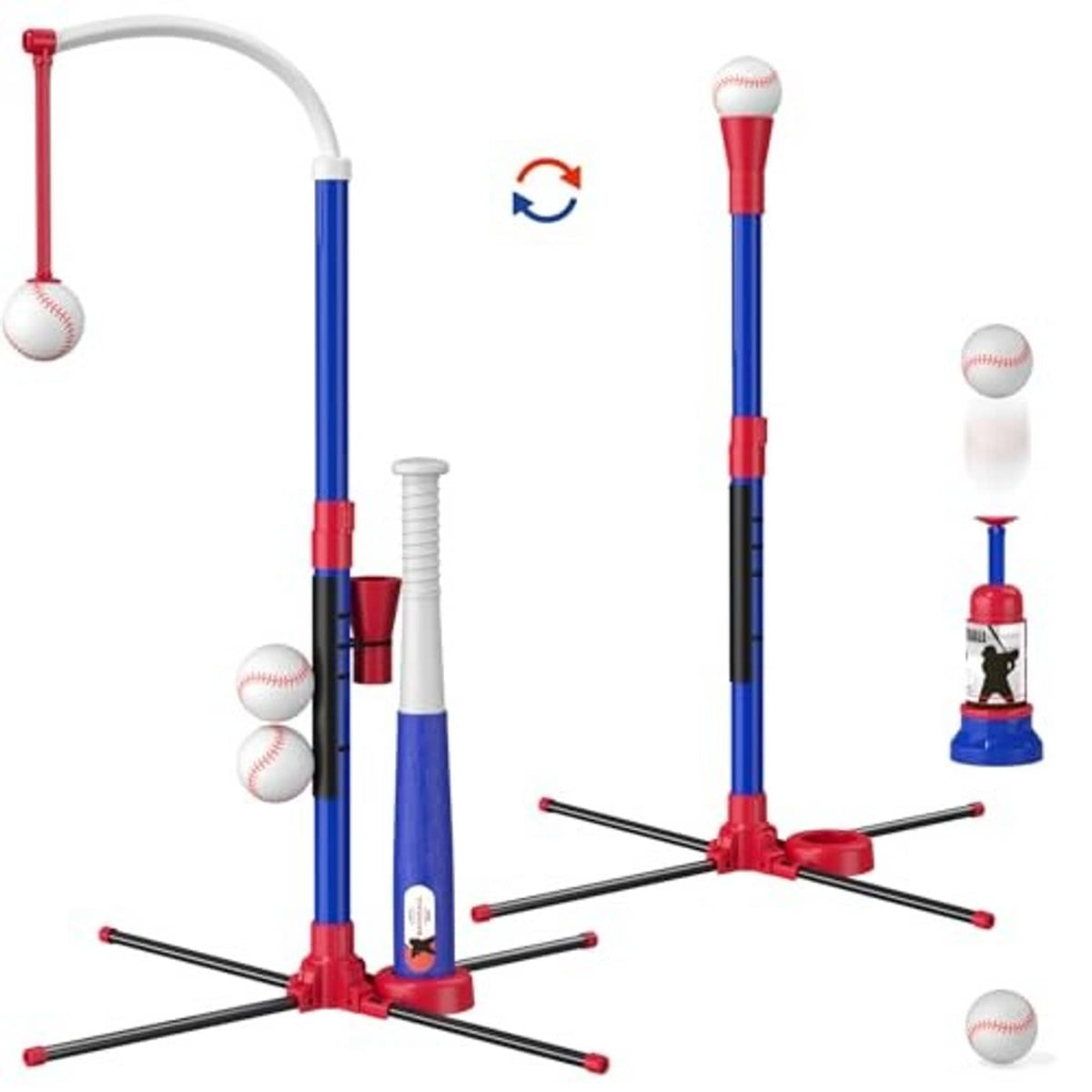 Kids adjustable baseball tee stand, blue/red pole with base and hanging tee