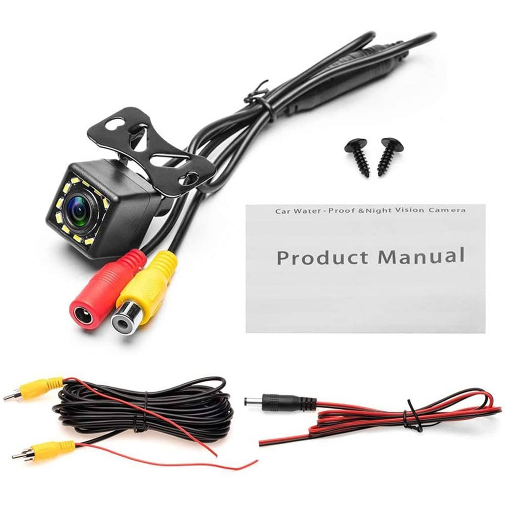 Car backup camera kit with mounting bracket, RCA cables, and product manual sheet