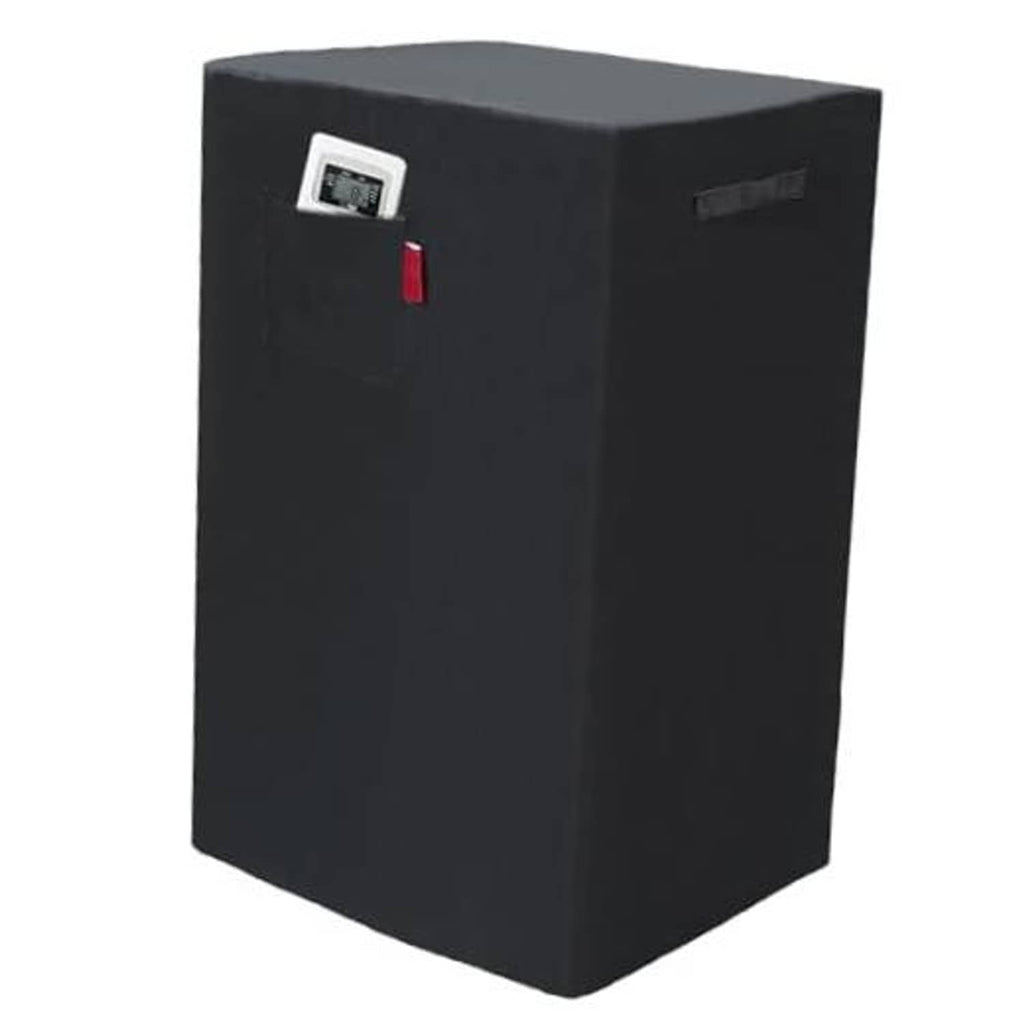 Black portable air conditioner cover with gray top and front control window opening