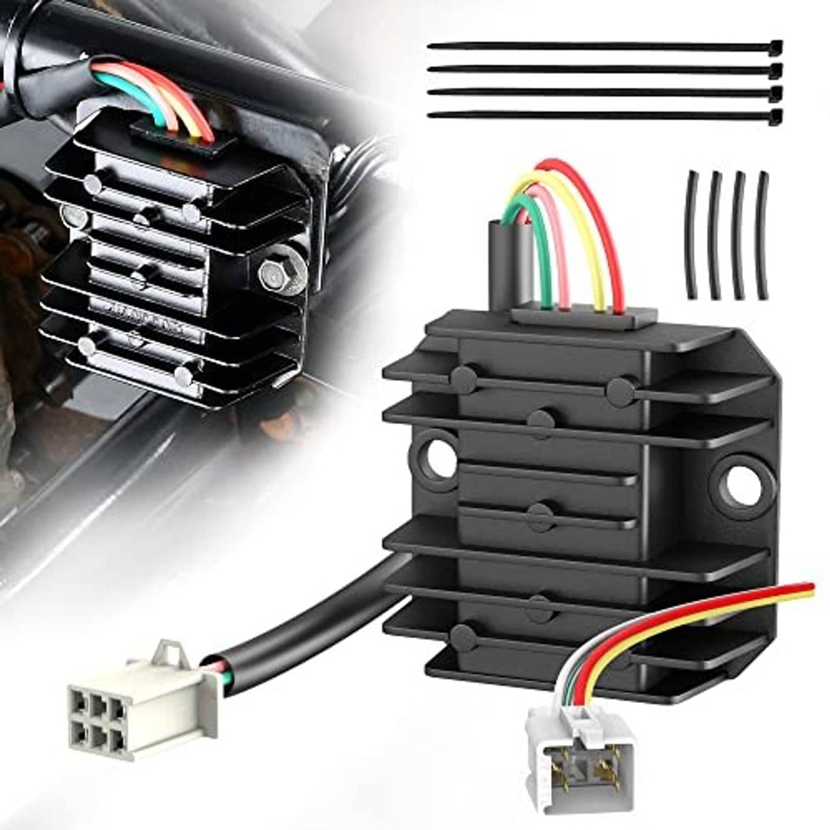 Regulator rectifier module with black aluminum fins and colored wire connectors