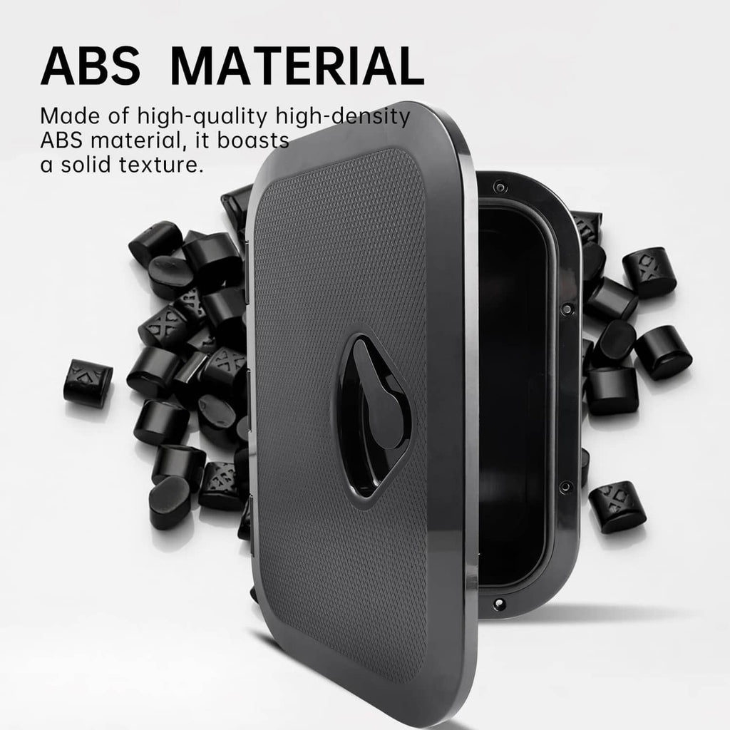 Black ABS boat hatch storage box with textured outer lid and rounded handle recess