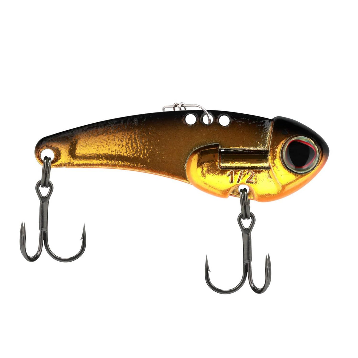 Gold and brown sinking blade bait lure with painted eye and twin treble hooks