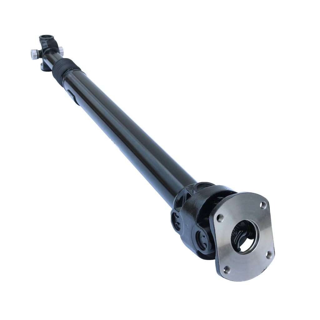 Front drive shaft assembly with circular flange yoke and U-joint, black and silver