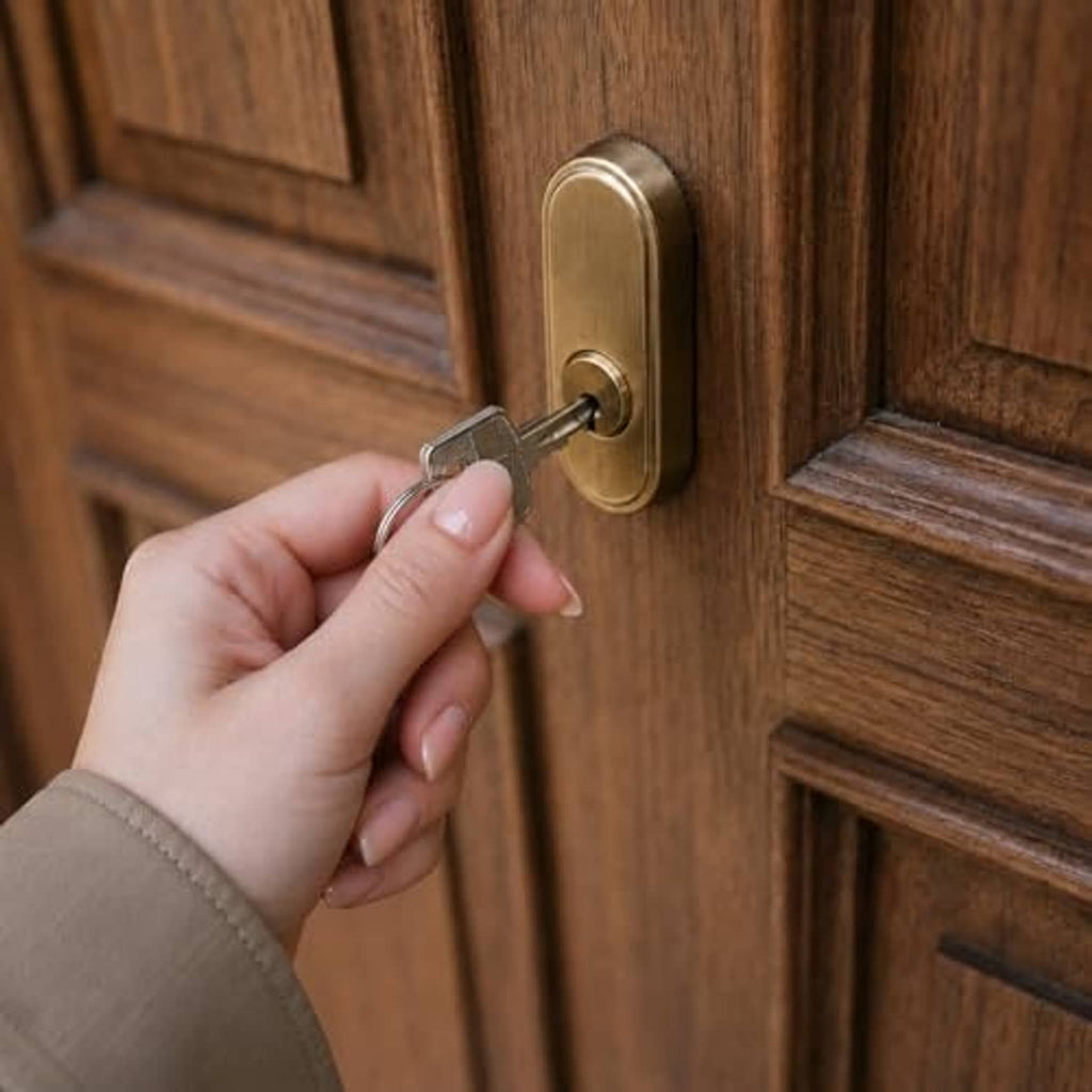 Brass euro lock cylinder with key inserted on a wooden door