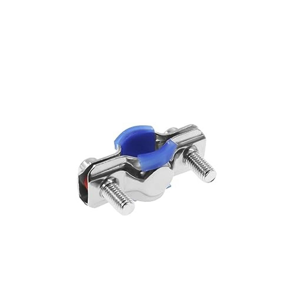 Side view of stainless steel pipe clamp with blue silicone insert and mounting bolts