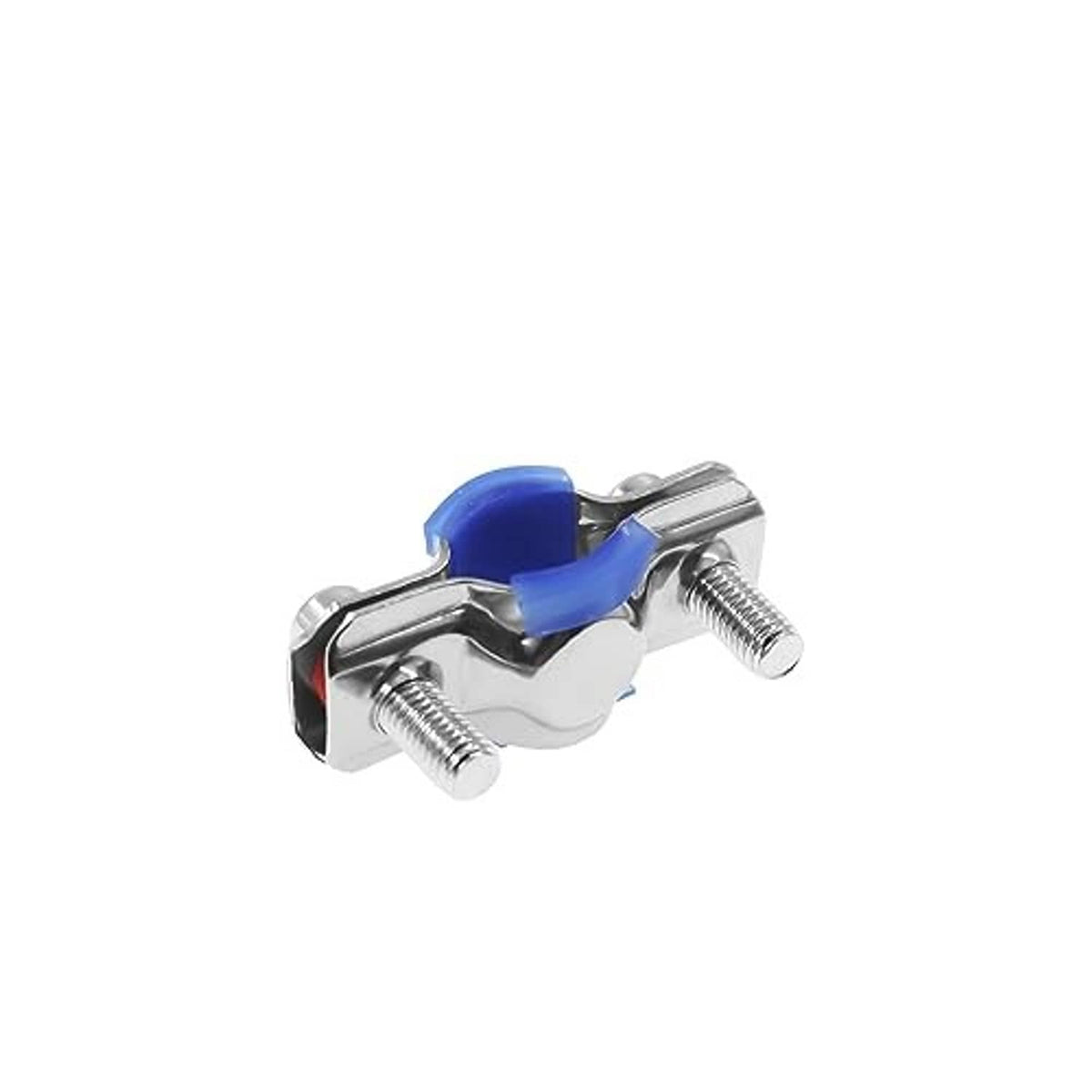 Side view of stainless steel pipe clamp with blue silicone insert and mounting bolts