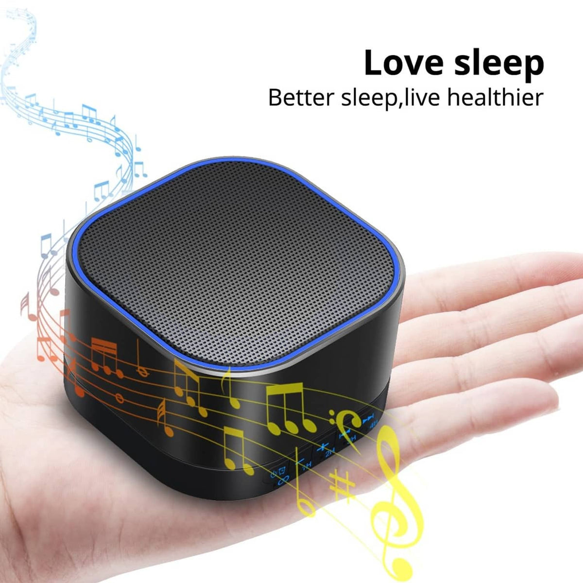 Black sound machine held in hand with top speaker grille and blue ring