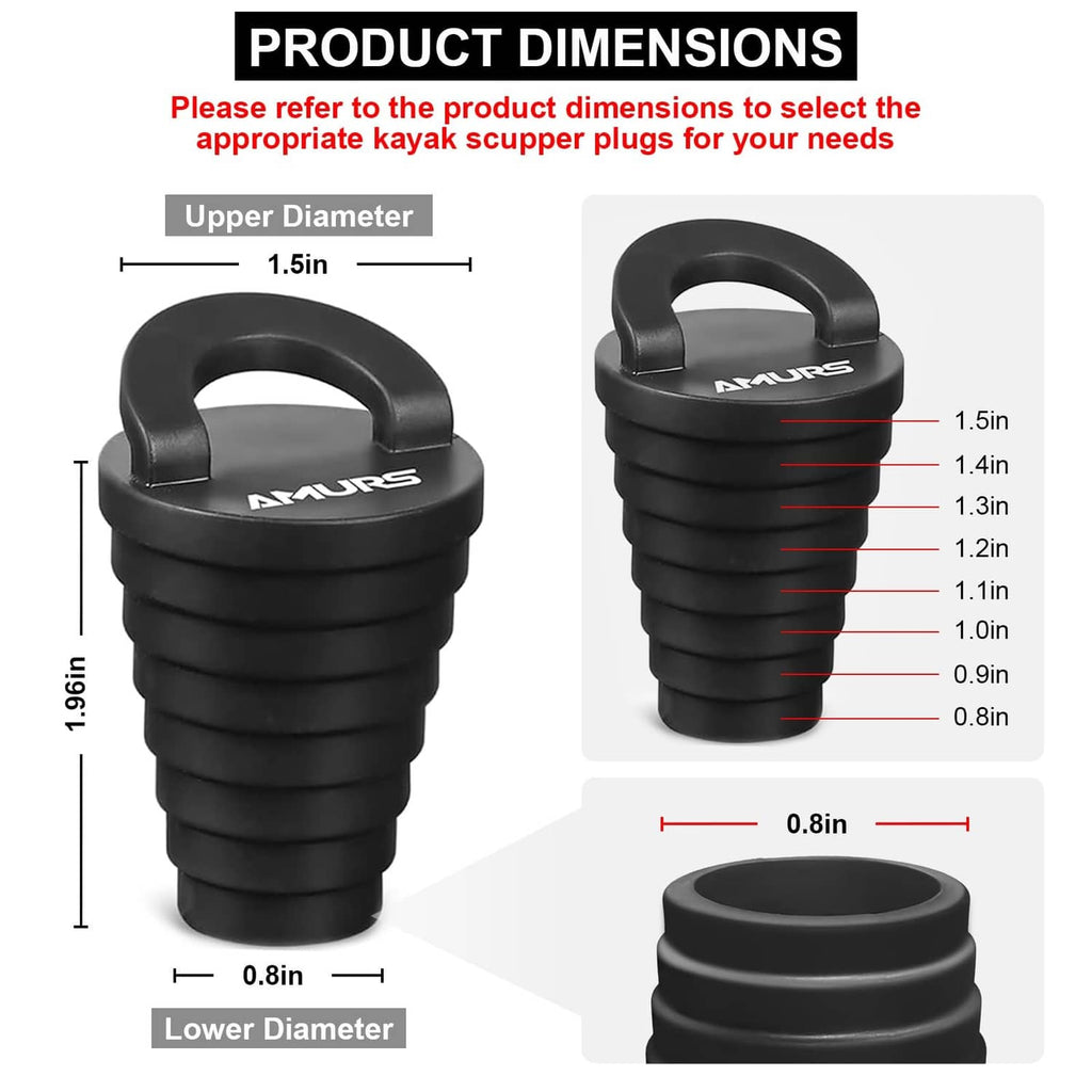 Black scupper plug with handle, showing upper and lower diameter measurements