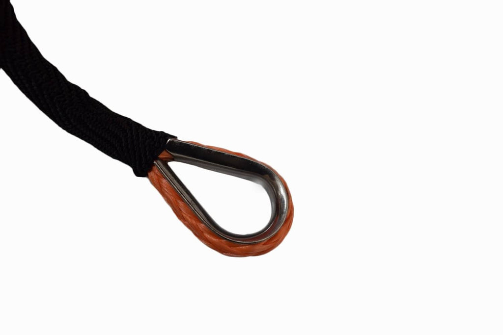 Black winch rope end with orange rope section and silver D-ring