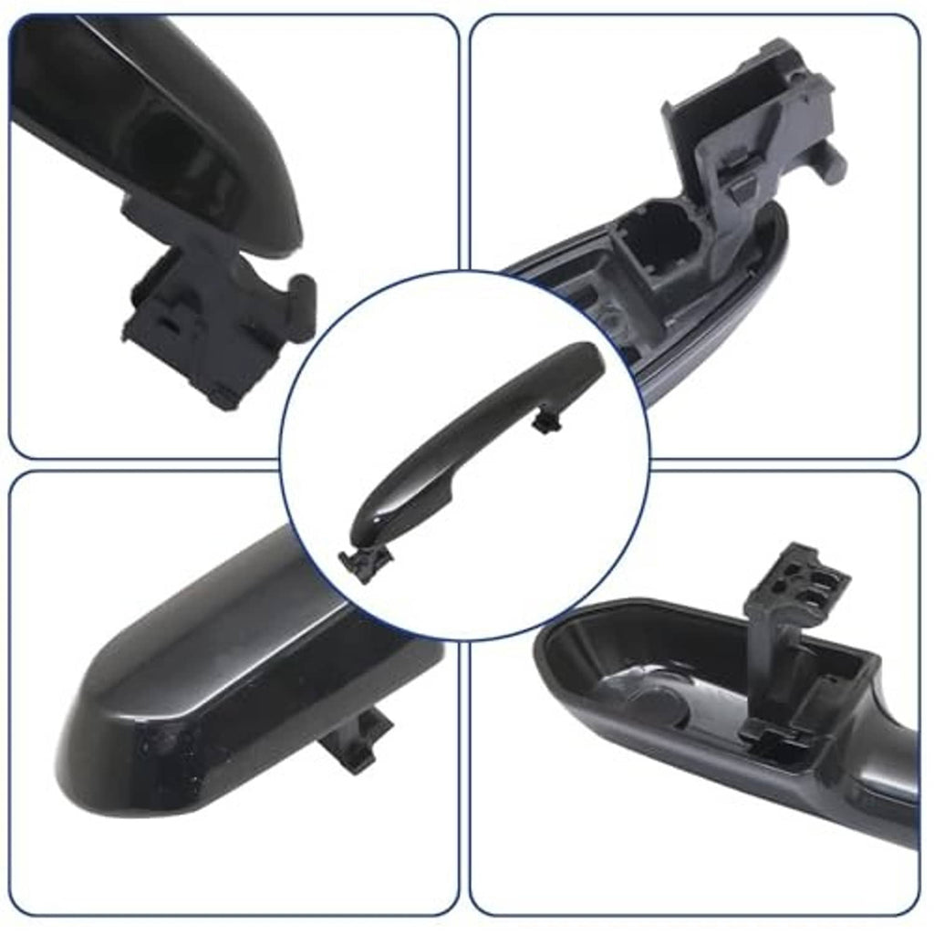 Black exterior rear door handle assembly with inner housing and mounting clips