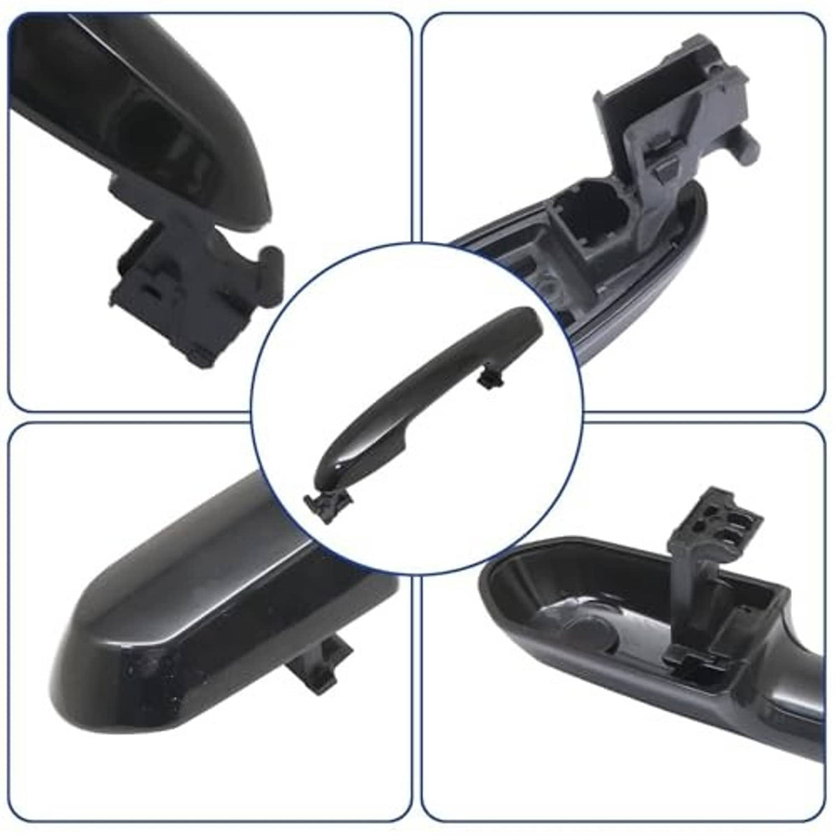Black exterior rear door handle assembly with inner housing and mounting clips